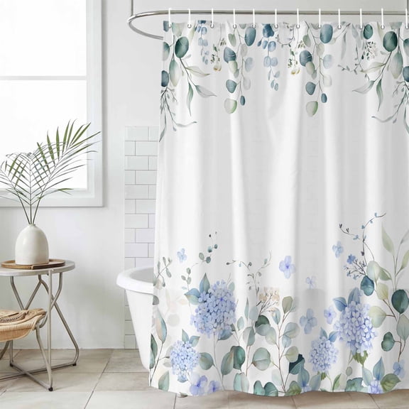 Eucalyptus Flower Waterproof Shower Curtain, Large 72"x78" Washable Polyester Fabric Shower Curtains for Bathroom, Sage Green Leaf Blue Floral Watercolor Decorative Bathtub Curtain Sets with Hooks