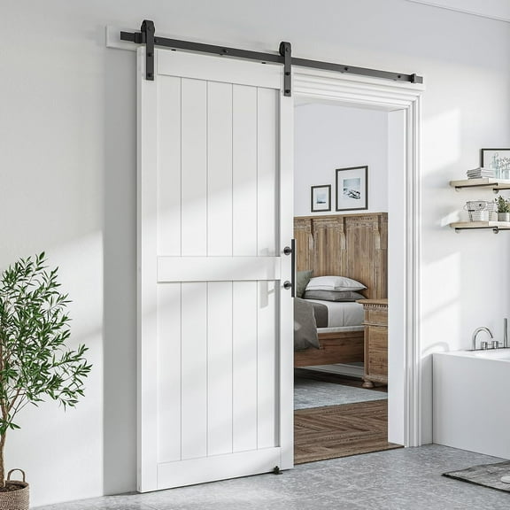 Easy4Home 36"x 80" Sliding Barn Door With 6.6ft Black Sliding Door Track, White