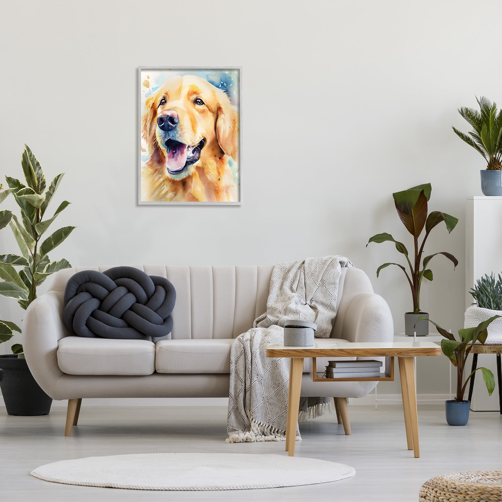 Stupell Industries Happy Retriever Portrait Animals & Insects Painting Gray Framed Art Print Wall Art, 24 x 30