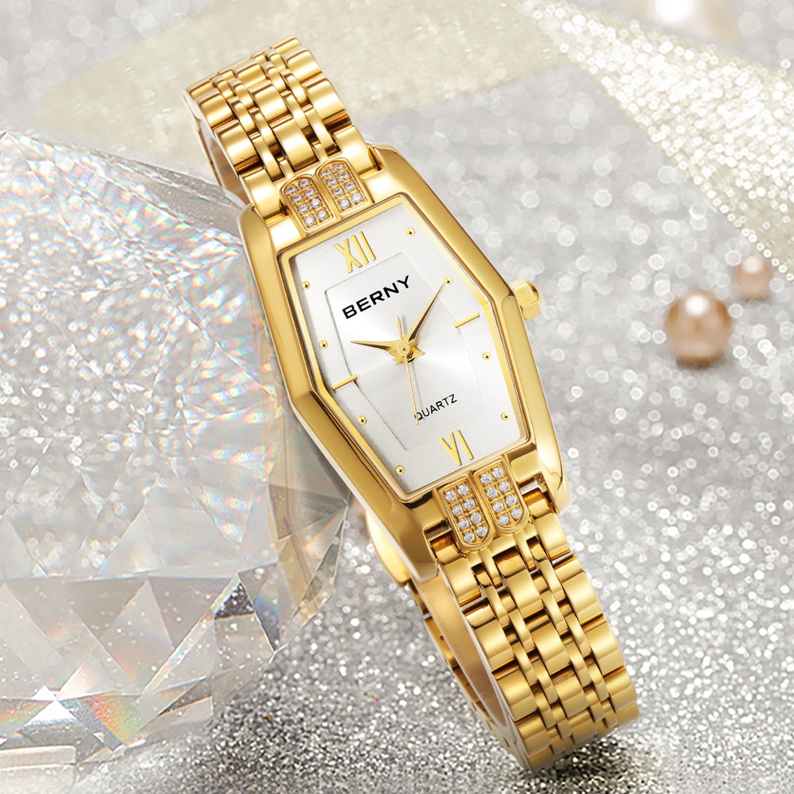 BERNY Gold Watches for Women, Dainty Luxury Diamond Stainless Steel Bracelet Watch, Adjustment Tool Included, Waterproof, Fashion Ladies Analog Quartz Wristwatch, Small Gold Watch Gifts (White)