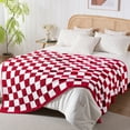 thumbnail image 4 of Exclusivo Mezcla Checkered Knit Blanket for Bed Twin Size, Ultra Soft Cozy Fluffy Blanket, Lightweight Fuzzy Throw for Couch and Bed, Red, 60"x80", 4 of 9