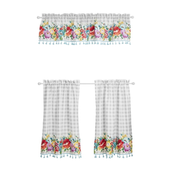The Pioneer Woman Sweet Romance Floral Tier Pair and Valance Set, 3-Piece, Multicolor, 60" W x 36" L