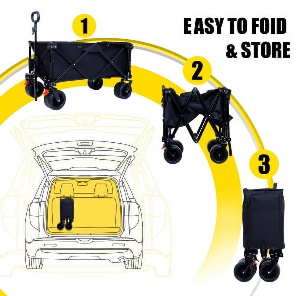 Black Foldable Wagon with Extended Tailgate, 400LBS Heavy Duty All-Terrain Cart, Large Beach Wheels, Expandable Cargo Wagon for Outdoor Picnic Gardening