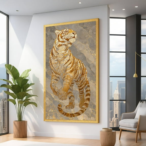Majestic Tiger Wall Art, Gold And Gray Abstract Animal Print, Wildlife Home Decor, Modern Jungle, Ready To Hang Decoration UNFRAMED Poster, Wall Art for Decor, Present, 8x12