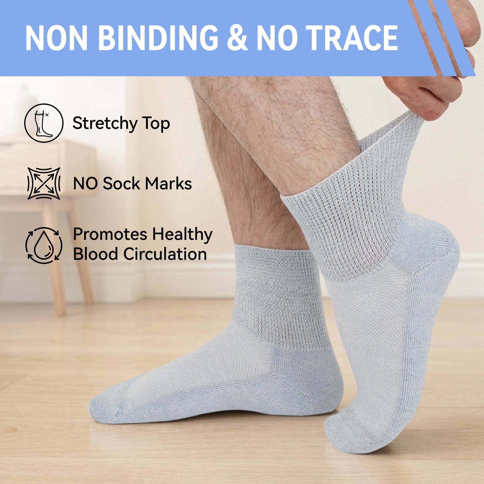 AMITOFO Bamboo Viscose Diabetic Socks for Men—Striped Non Binding Moisture Wicking Ankle Socks, Wide Open Top& Seamless, 5 Pairs
