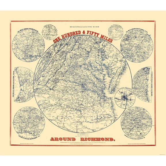 Historical Civil War Map - Richmond Virginia 150 Mile Vicinity - Magnus 1864 - 26.36 x 23 - Vintage Wall Art