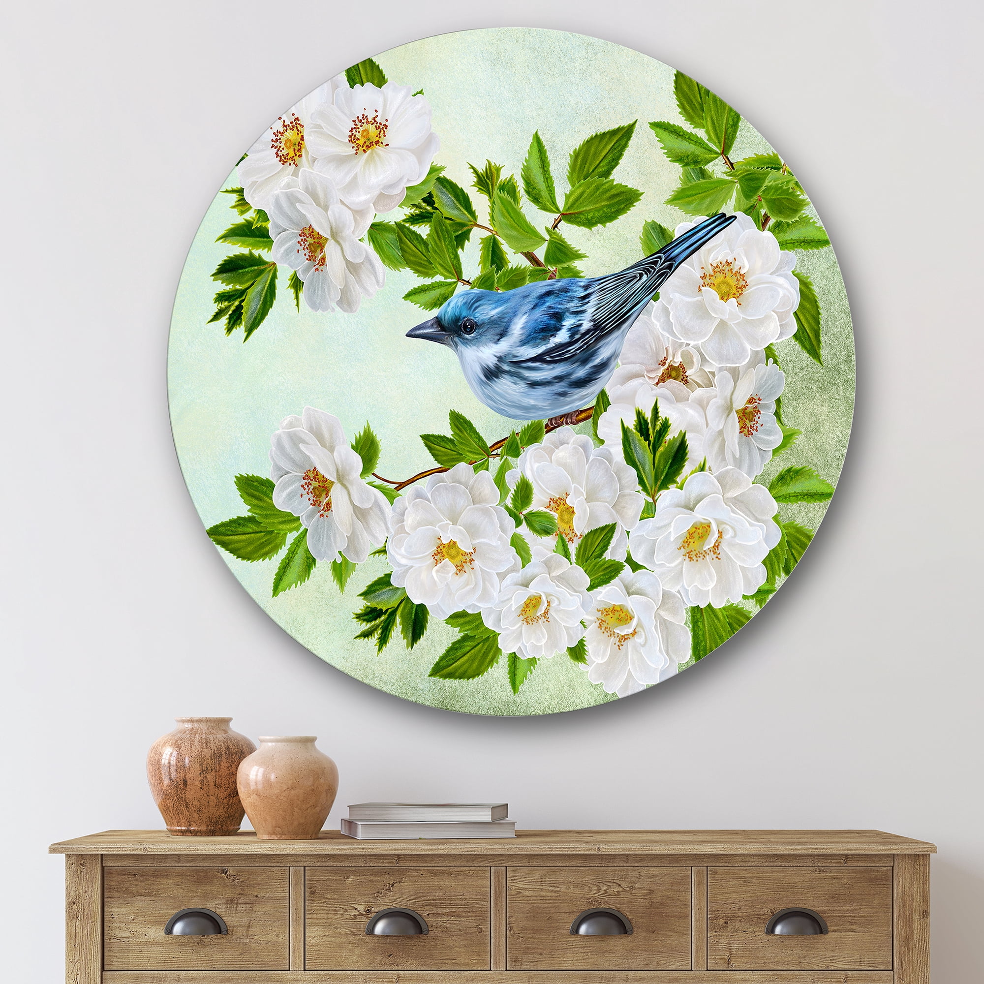 Designart 'Little Blue Bird Sitting On A Branch of White Rose Plant' Traditional Circle Metal Wall Art 36x36 - Disc of 36