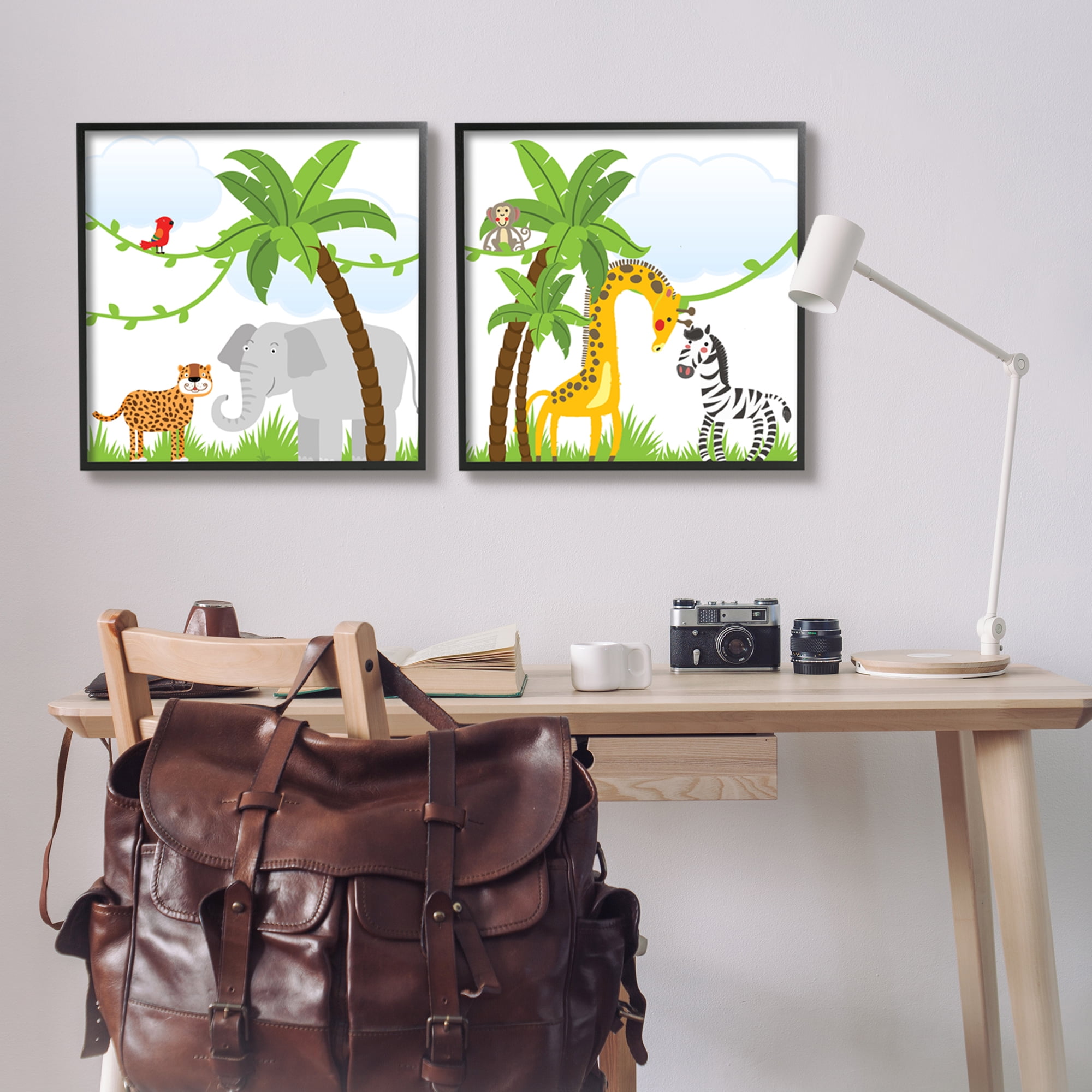 Stupell Industries Jungle Animals Scene Animals & Insects Painting Black Framed Art Print Wall Art, 24 x 24, Set of 2