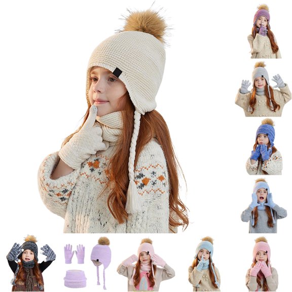 HNMKIU Kids Winter Knitted Scarf Hat Set With Lined Ear Warmer Neck Warmer For Cold Weather Outdoor Activities Beige - 4-10 Years