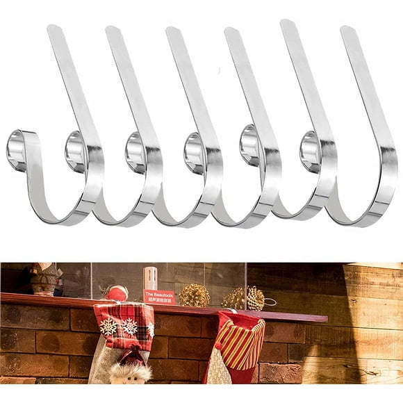 Christmas Stocking Holders 6 Pack Metal Fireplace Stocking Hooks Large Stocking Hanger Perfect for House, Fireplace, Christmas, New Year Party Decoration -Silver