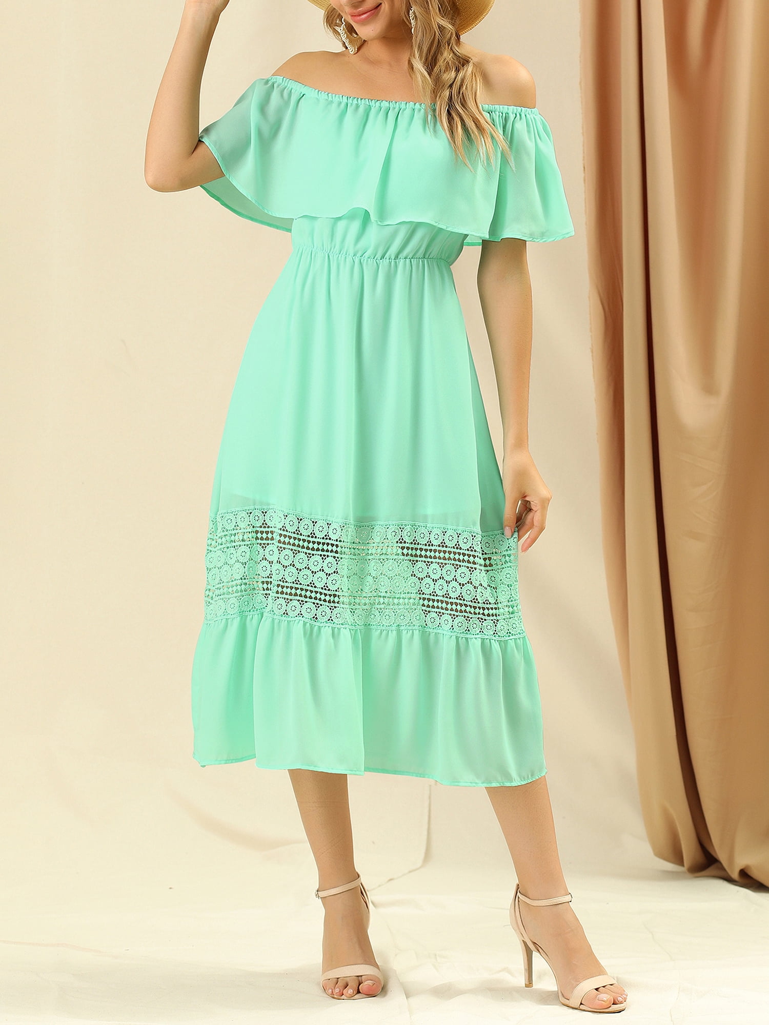 DARING DIVA Women's Off Shoulder Flutter Sleeve Maxi Dress L Mint Green