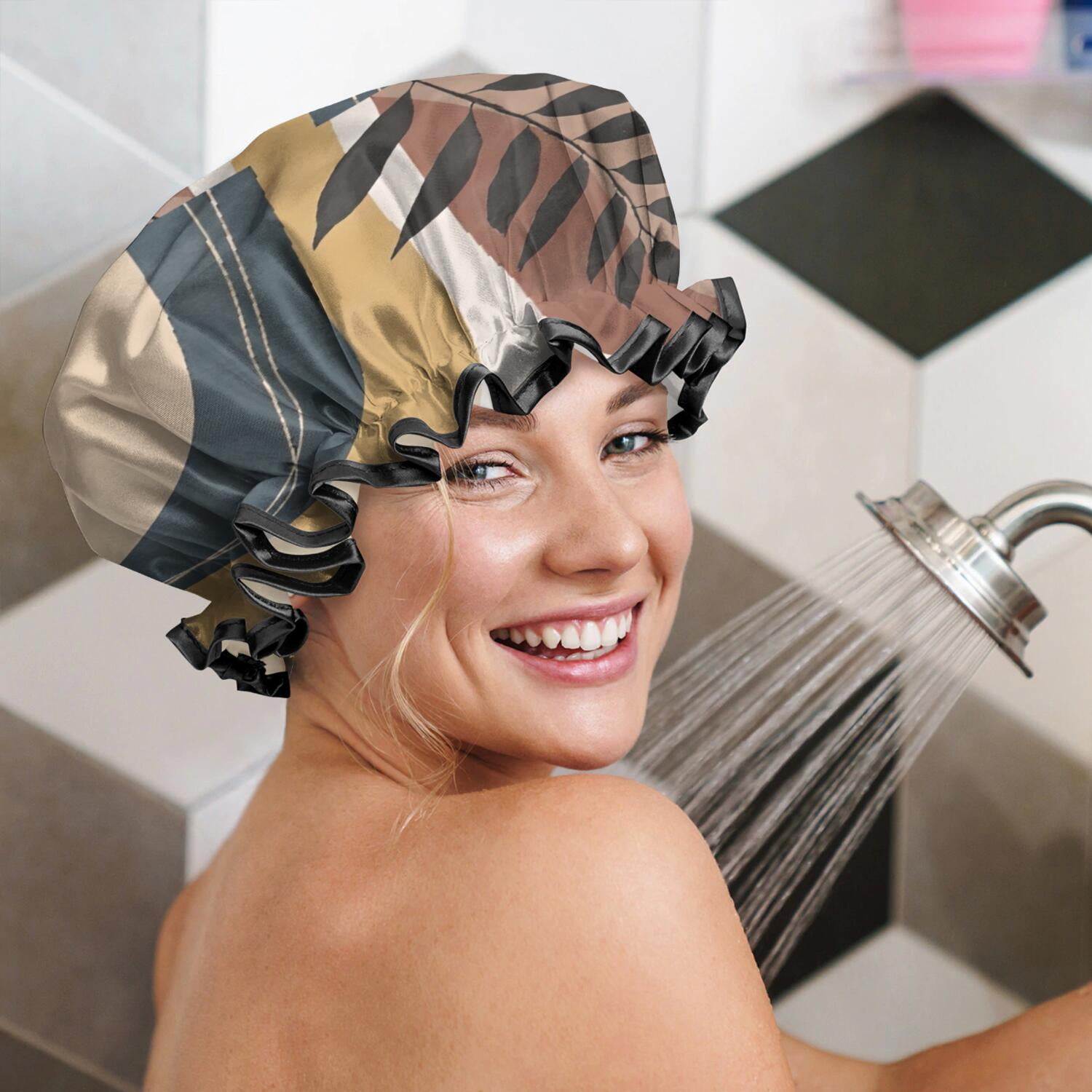 Shower Caps,Brown Boho Geometric and Plant Pattern Waterproof Shower Cap for Women 4 Pieces,Double Reusable Hair Cover for Shower PEVA Elastic Stretch Hem