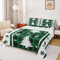 Castle Fairy Xmas Tree Snowflake 3Pcs Twin Sheet Sets for Teens Boys Girls,Geometric Plaid Grid Twin Fitted Sheet,Merry Christmas Breathable Flat Sheet,Ultra Soft Home Decor