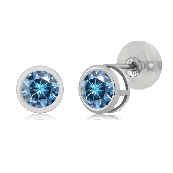 Gem Stone King 14K White Gold Persian Blue Moissanite Stud Earrings for Women Men | 0.46 Cttw | Gemstone Birthstone | Round 4MM