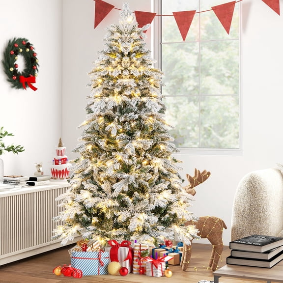 Gymax 6 ft Pre-Lit Artificial Christmas Tree Snow Flocked Hinged Xmas Tree w/ LED Lights