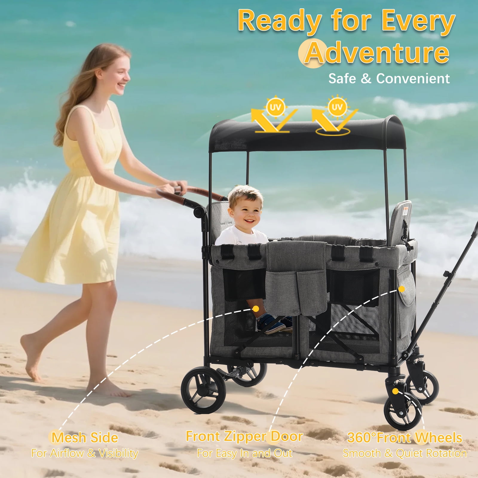 Foldable Stroller Wagon for 2 Kids, Adjustable & Removable Canopy, Oversized Storage Basket, Convertible High Seat & Organizer, Wagon Cart with Double Adjustable Push Bars, for Beach, Camping
