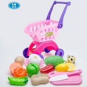 TABGIME Big Toy Shopping Cart W/Cutting Foods for Kids 3Y+, Pretend-N-Play Shopping Grocery Play Set Gifts to Toddlers Girls Boys (Unisex)