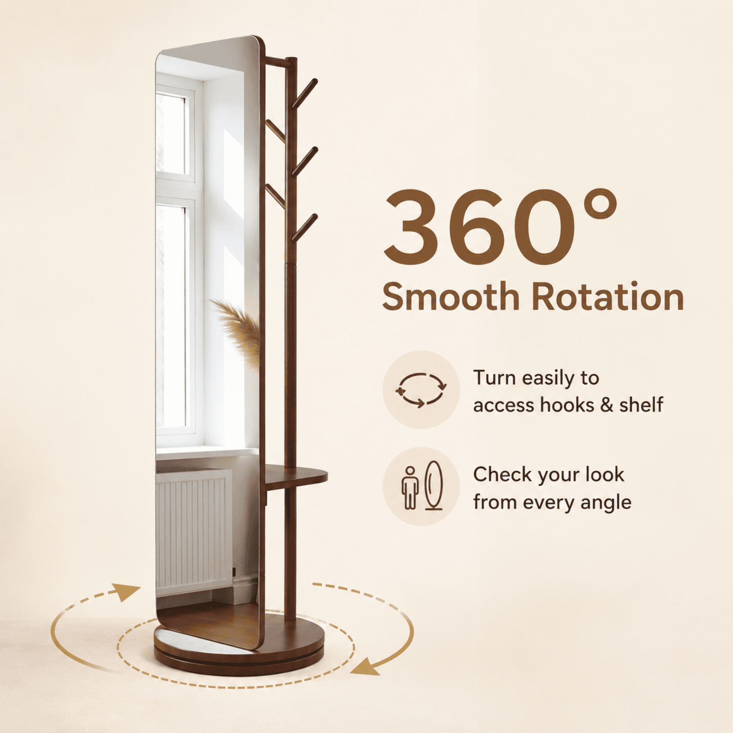 Miniyam Full Length Mirror with Coat Rack and Storage, 68.9" x 15.75" 360° Rotating Solid Wood Standing Mirror for Bedroom and Entryway, Walnut
