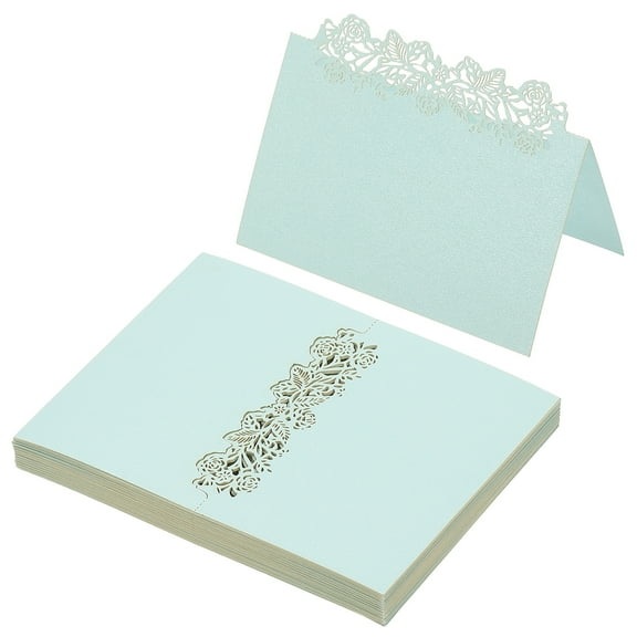 Uxcell 50Pcs Wedding Place Cards, Laser Cut Rose Table Place Cards Folded Tent Cards Name Card, Light Blue