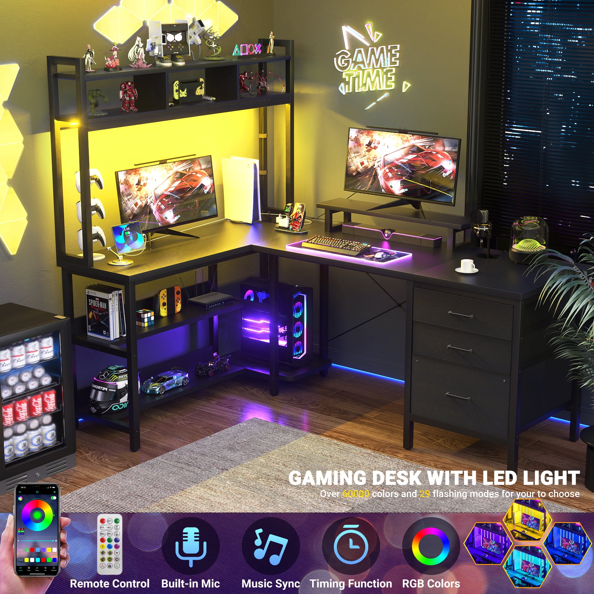 iSunirm L Shaped Gaming Desk with Storage, Computer Gaming Desk with LED Lights & Hutch, Reversible Computer Desk with Power Outlet, Corner Desk with Drawers, Shelves for Home, Black