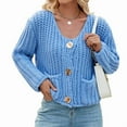 thumbnail image 3 of Women'S Long Sleeve Cropped Knit Cardigan 2025 Casual Button Down Crochet Sweater Tops with Pockets Dark Blue S, 3 of 9