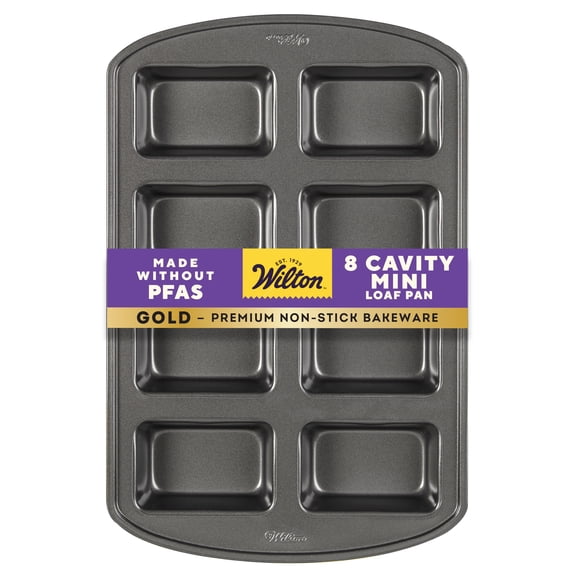 Wilton Gold Non-Stick Mini Loaf Pan 8-Cavity Bakeware for Mini Brownies, Banana Bread or Homemade Bread Loaves