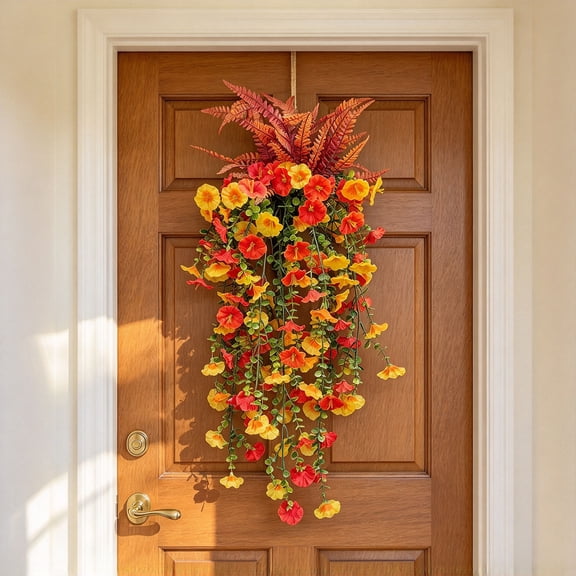 1 Pack Fall Teardrop Hanging Swag 30 Inch, Artificial Flower with Morning Glory & Fern, Thanksgiving Decorations for Farmhouse Front Door Porch Wall