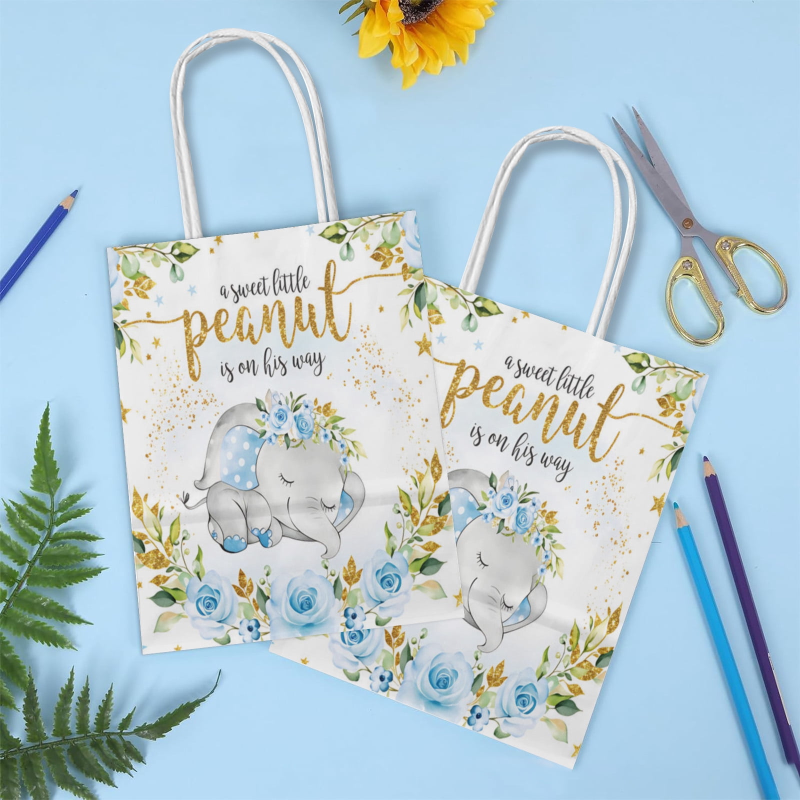 20Pcs Elephant Baby Shower Party Favor Bags, Blue Floral Sweet Little Peanut is on His Way Cute Elephant Party Supplies