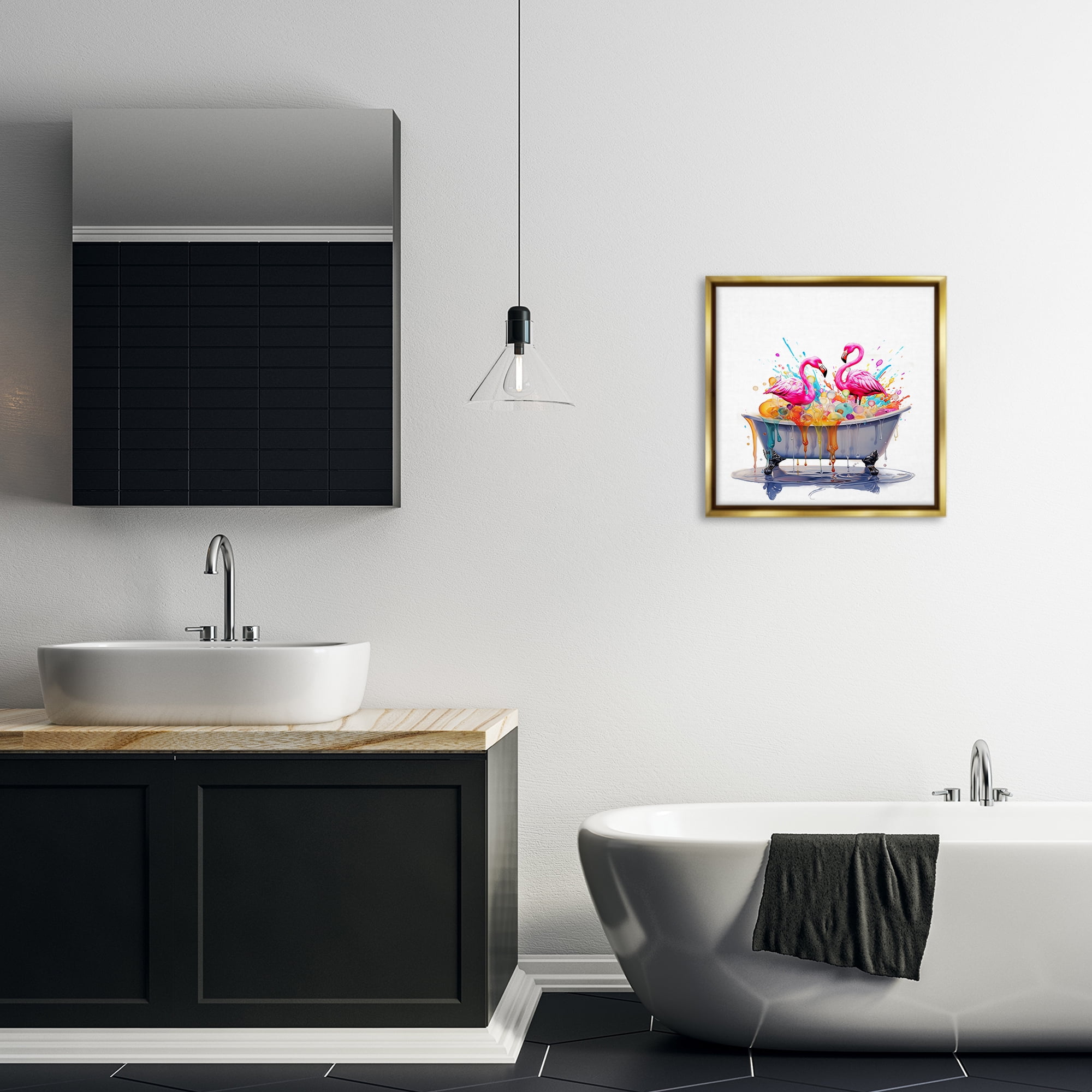Stupell Industries Flamingo Bubble Bath Typography Painting Gold Floater Framed Canvas Art Print Wall Art, 18 x 18