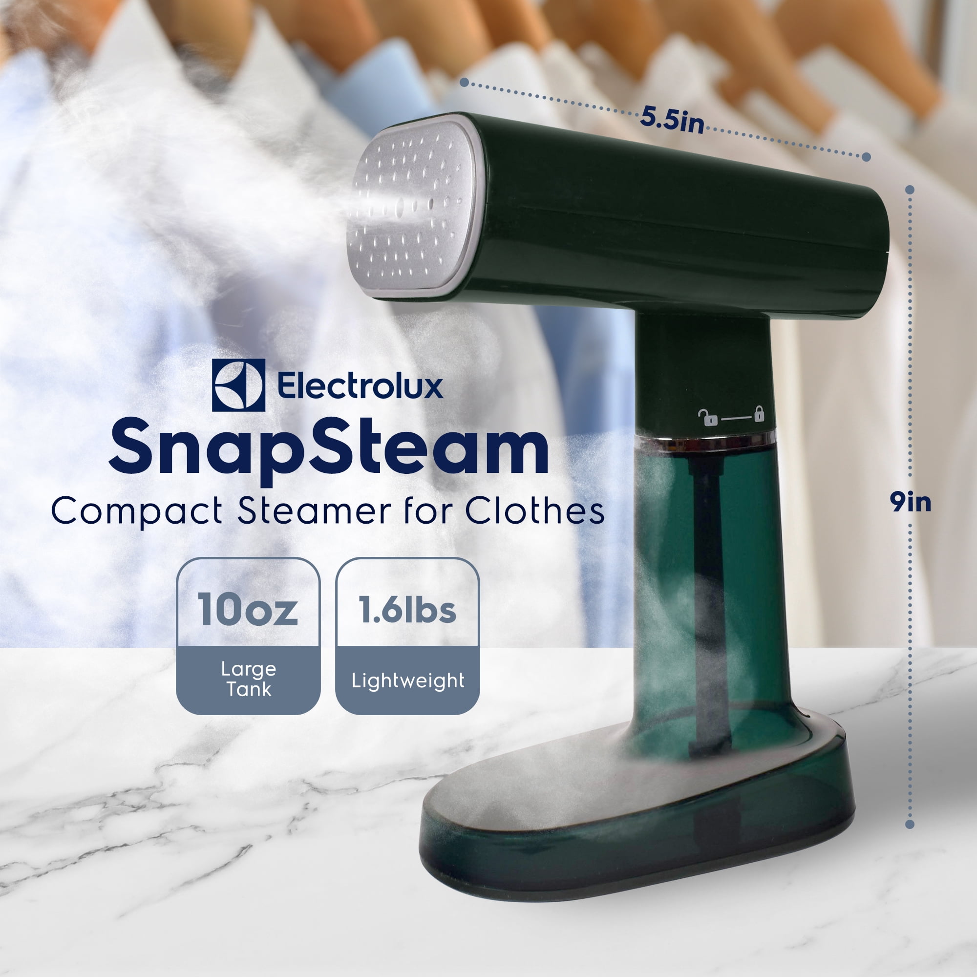 Electrolux Snap Steam Steamer, Portable Fabric Steamer & Wrinkle Remover, 1200W, Green