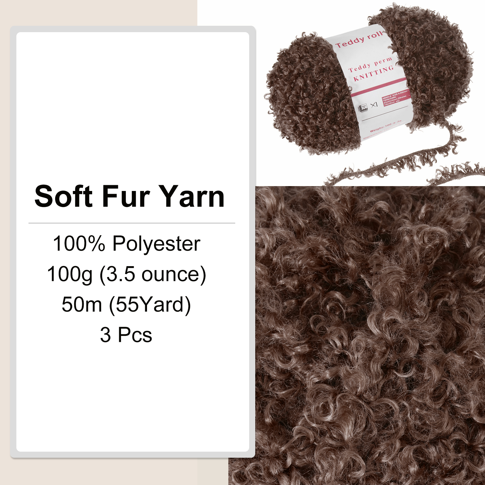 3 Skeins Eyelash Yarn Polyester Yarn Fur Soft Fluffy Chunky Yarn Fuzzy Eyelash Yarn Coffee for Crocheting Knit DIY Clothes Bag - 55Yard/50m, 3.53oz x 3
