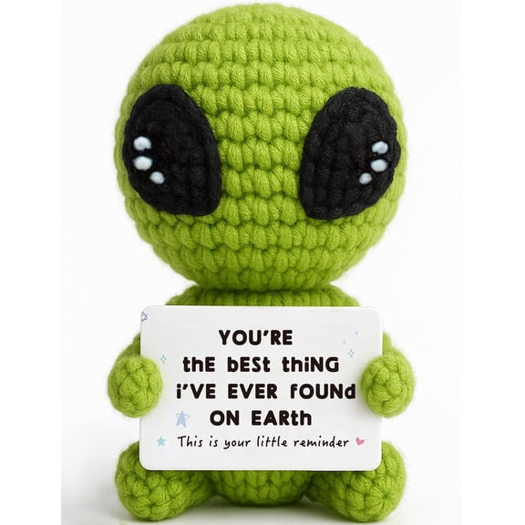 SolTerra Crochet Alien Desk Figurine, Romantic Novelty Gift for Boyfriend, Girlfriend and Couples, Woven Decorative Ornament with Message Card