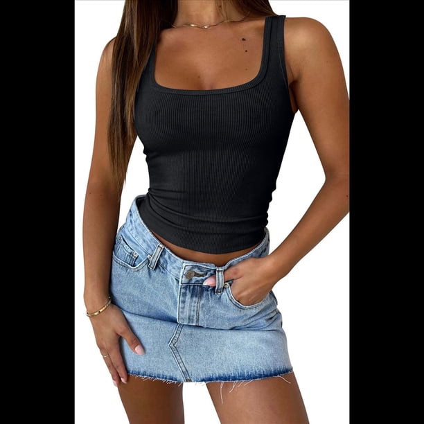 Tops de Verano para Mujer con Cuello Cuadrado para Salir, Tops Básicos Acanalados para Hacer Ejercicio Negro XL