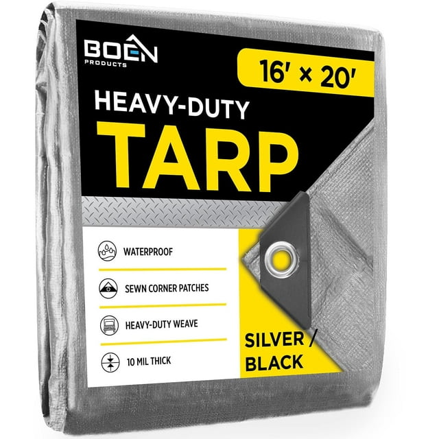 Lona resistente impermeable cubierta grande | Plata/Negro 16' X 20' 10 Mil de espesor | Lonas a prueba de desgarros | Material de tejido grueso resistente a los rayos UV, ideal para toldo de lona, ??t