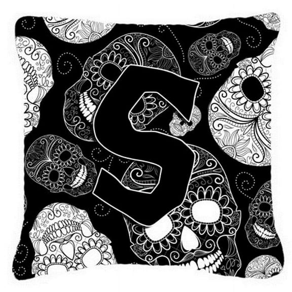 Letter S Day Of The Dead Skulls Black Canvas Fabric Decorative Pillow