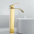 thumbnail image 2 of Grifo de baño con caño alto en cascada para lavabo, mezclador moderno de agua fría y caliente cuadrado cromado de un solo orificio (dorado), 2 of 5