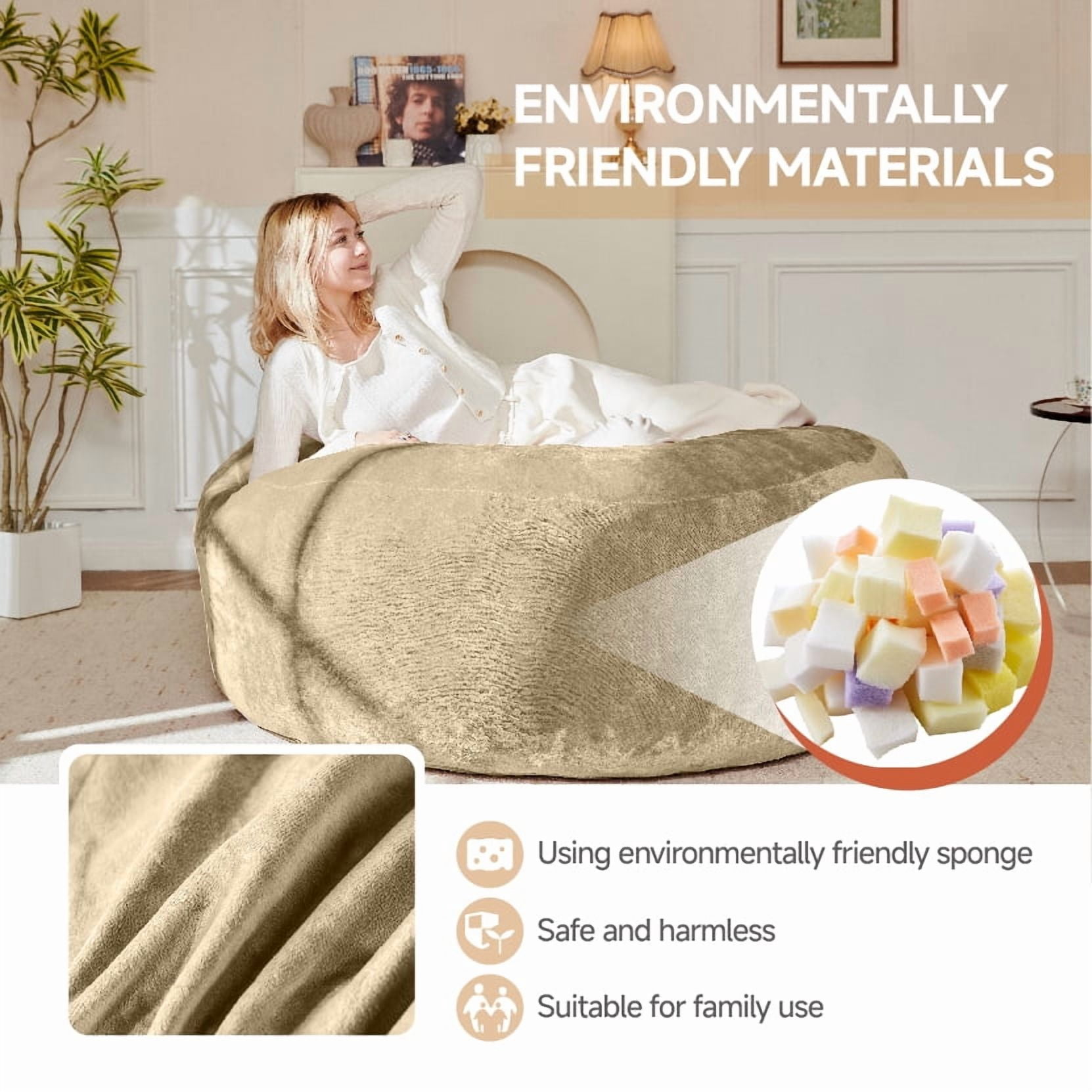 Bean Bag Chair, 5FT Memory Foam Filling Adult and Teen Sofa Chair, Soft Round Sofa with Removable Flannel Cover, for Living Room Bedroom and Dorm, Khaki