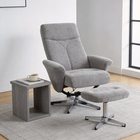 Noble House Modern Swivel Chenille Recliner with Ottoman, Ergonomic Manual Upholstered Lounge Chair, Light Gray