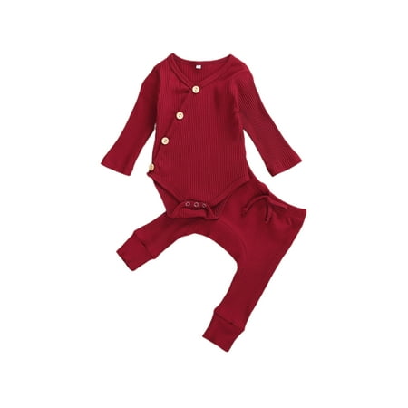 

Newborn Unisex Baby Organic Cotton Kimono Bodysuit and Striped Pants Basic Plain Rib Stitch Knitted Outfits Set