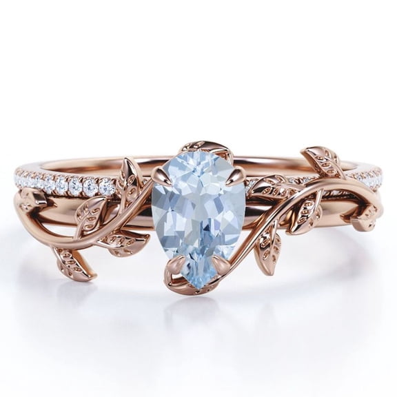 JeenMata Four-Prong Pave Set 1.75 Carat Pear-Shaped Ocean Blue Created Aquamarine and Moissanite Nature-Inspired Bridal Set in 18K Rose Gold Plating over Silver