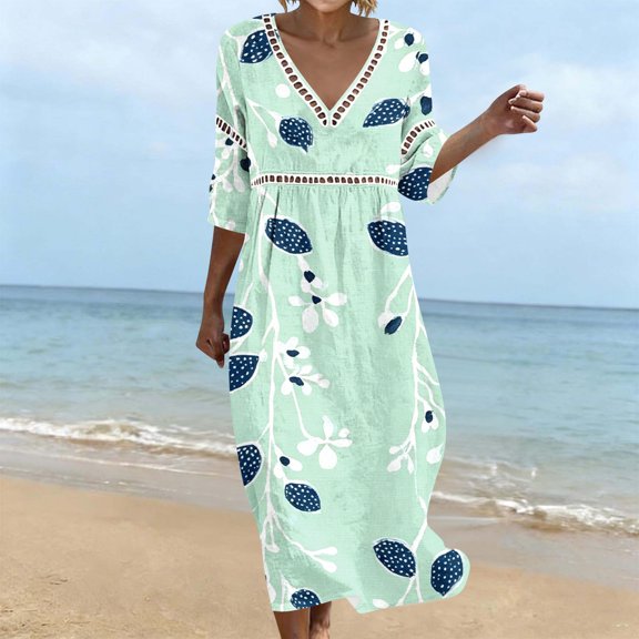 Women's Summer Printed Dress Baeitkot Women's Summer Casual Printed Dress with Sleeve V-neck Dress Green L