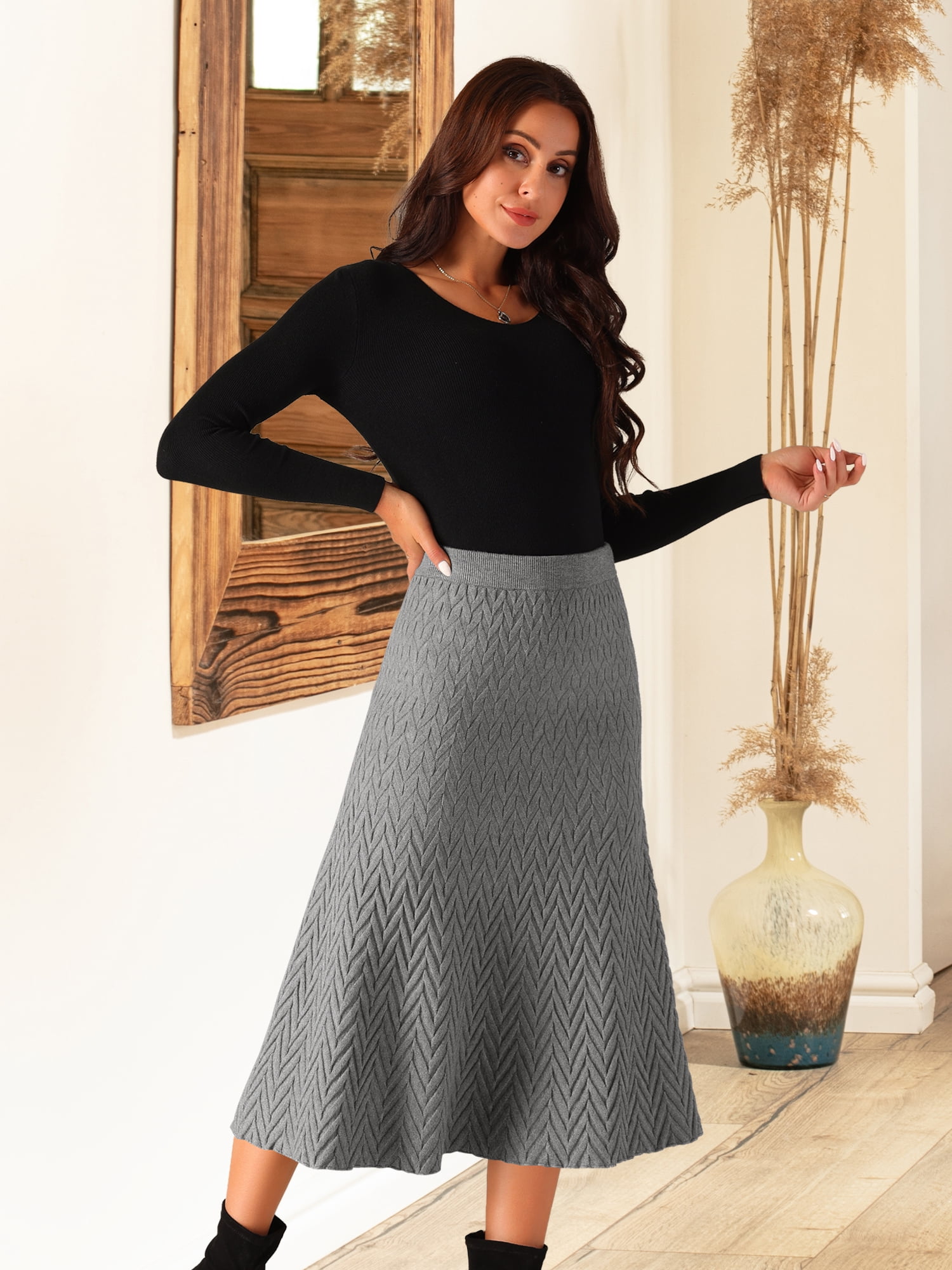 DARING DIVA Women's A-Line Skirts Stretchy Sweater Midi Skirt M Grey