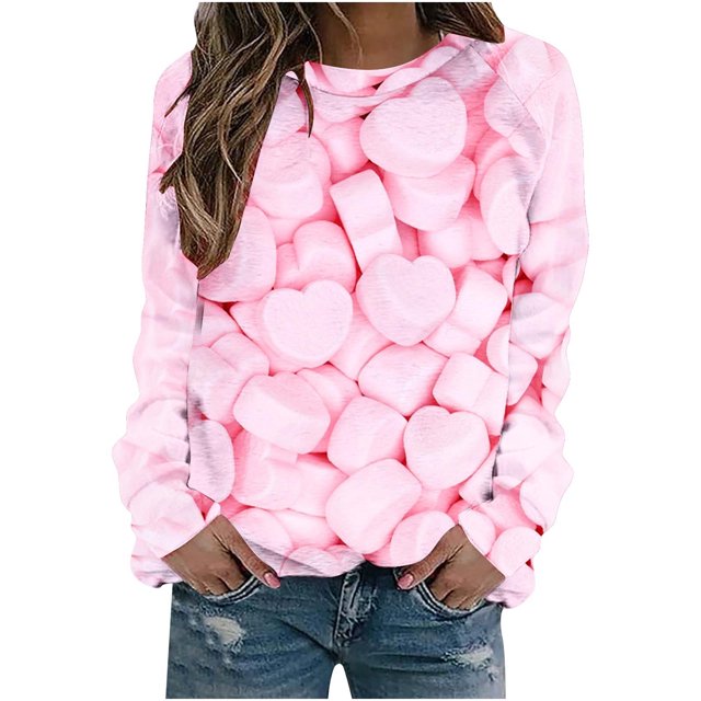 VALMASS Chandails en Molleton de la Saint-Valentin pour Femmes Manches Longues Imprimé Cœur Hauts Décontractés Col Rond Blouses d'Extérieur (2TG, Rose)
