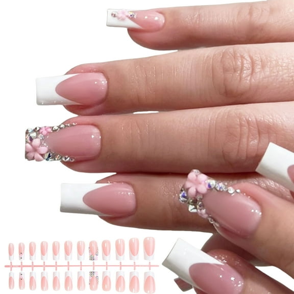 24Pcs French Tip Press On Nails With Rhinestones And 3D Flowers Stick On Nails Manicure Supplies For Stylish Women