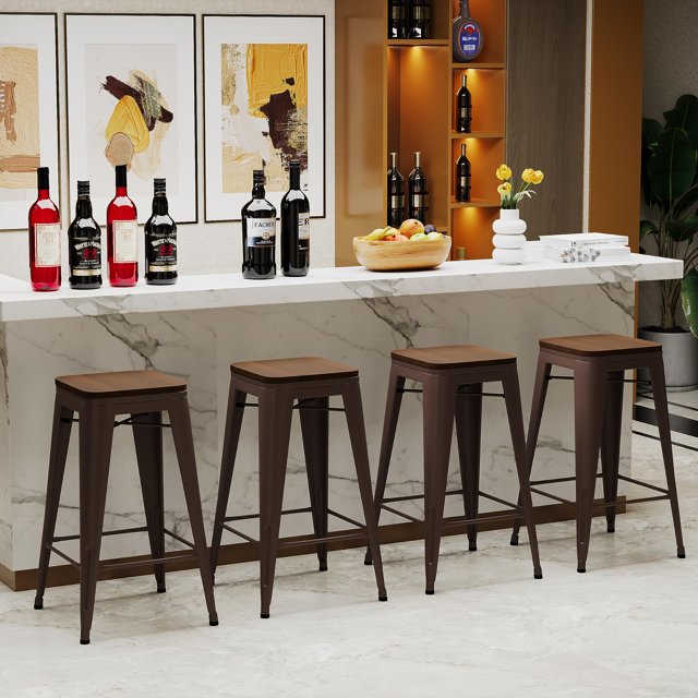 Alunaune 24" Metal Counter Height Bar Stools Set of 4 Backless Stackable Industrial Kitchen Patio Stool Bar Chairs with Wooden Seat-Rusty