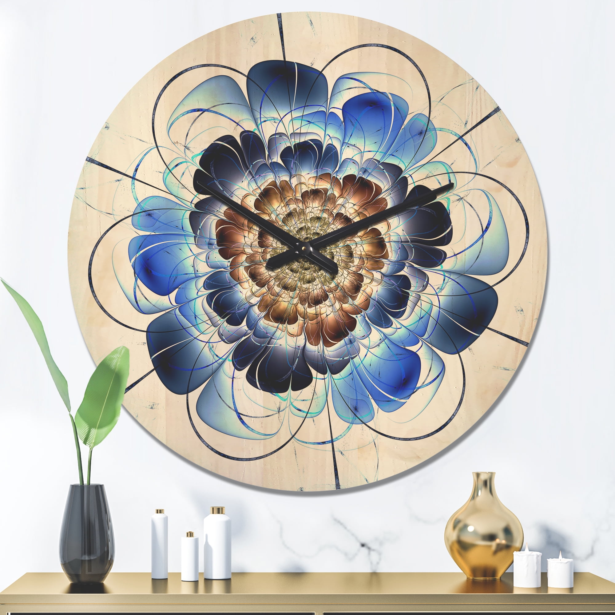 Designart 'Fractal Dark Blue Flower' Modern Wood Wall Clock