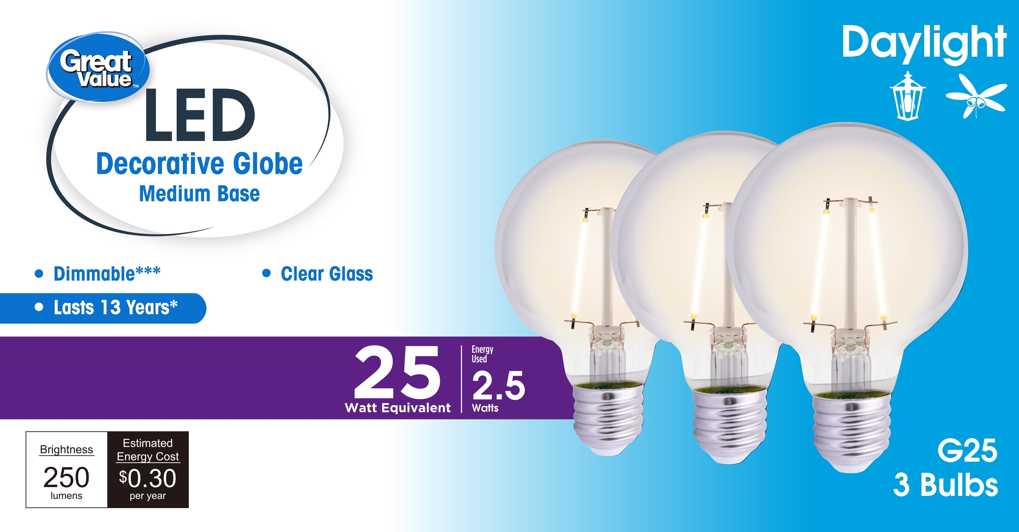 (2 pack) Great Value G25 LED Bulb, 2.5-Watt (25W Equivalent) Daylight Decorative Globe E26 Base Dimmable - 3 Pack