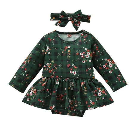 

Fsqjgq Dresses with Sleeves for Girls Baby Girls Floral Autumn Long Sleeve Romper Dress Princess Dress Headbands Clothes 5T Girls Party Dress Cotton Green 80