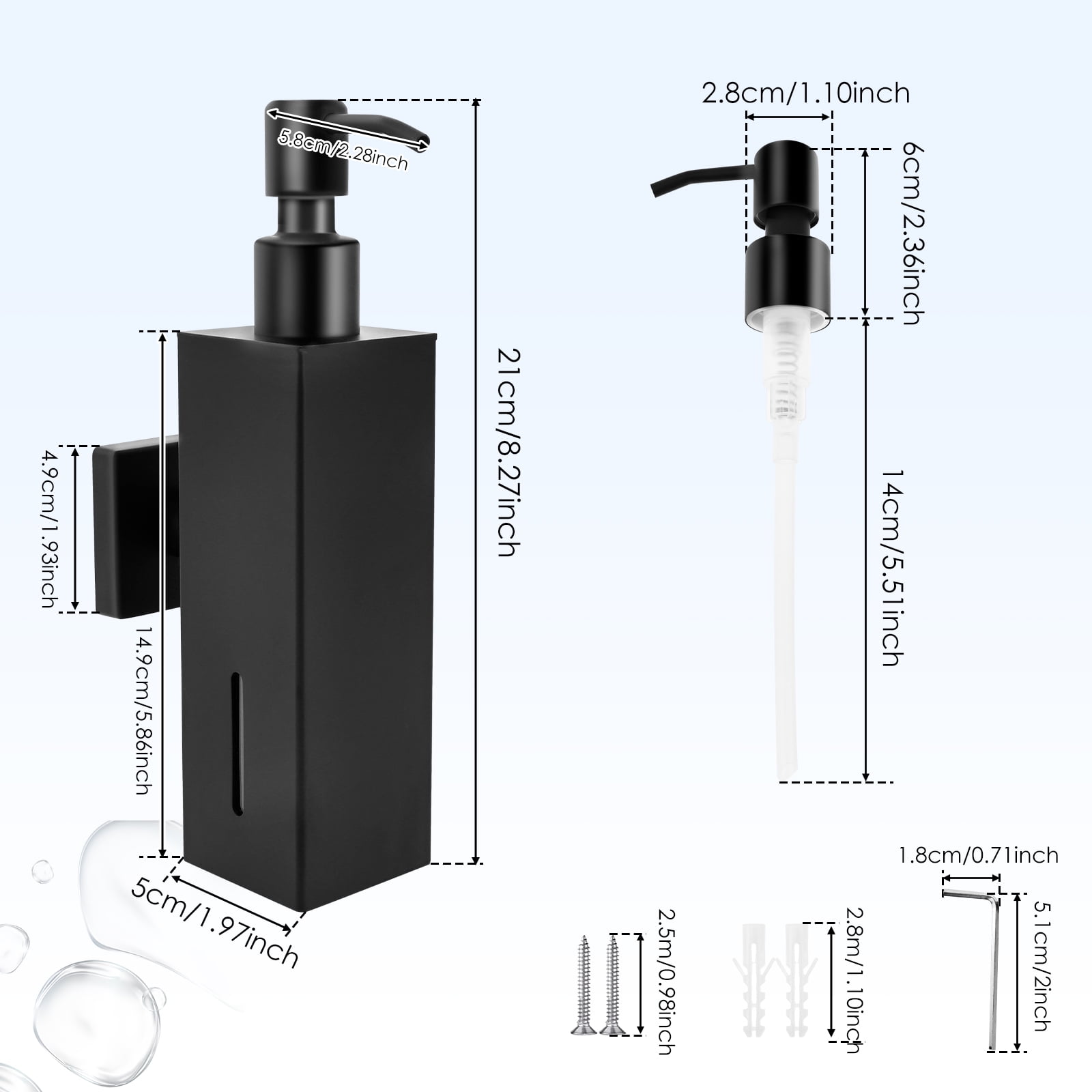 FKSZLL Soap Dispenser Wall Mounted Hand Shampoo Dispenser for Bathroom Matte Black Stainless Steel Soap Dispenser with Screw Shower for Home Bathroom Kitchen