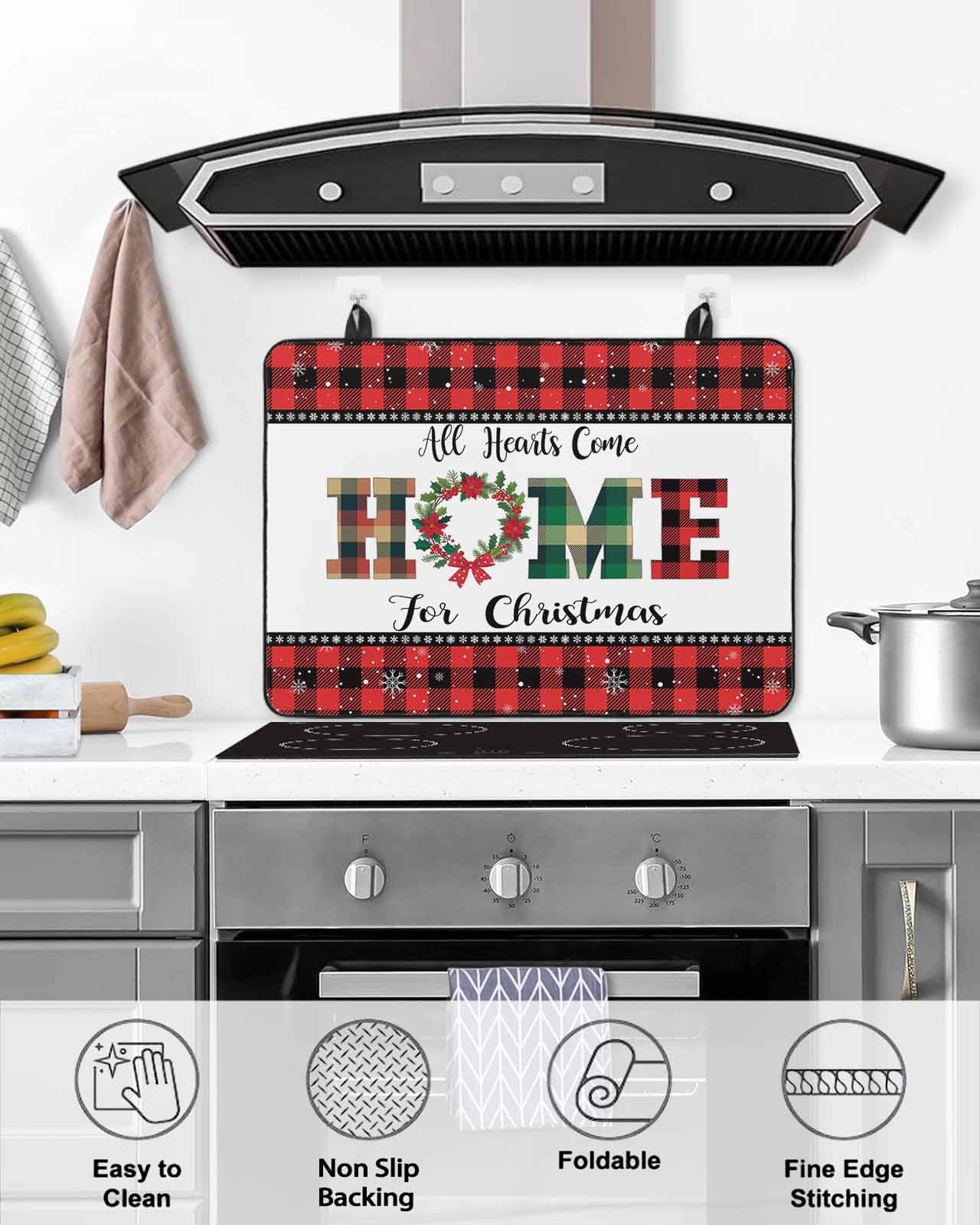 Large Induction Cooktop Protector Mat Christmas Stove Top Covers for Electric Stove, Winter Poinsettia Snowflakes Red Black Plaid Decorative Stove Burner Cover Mats, Glass Top Stove Cover